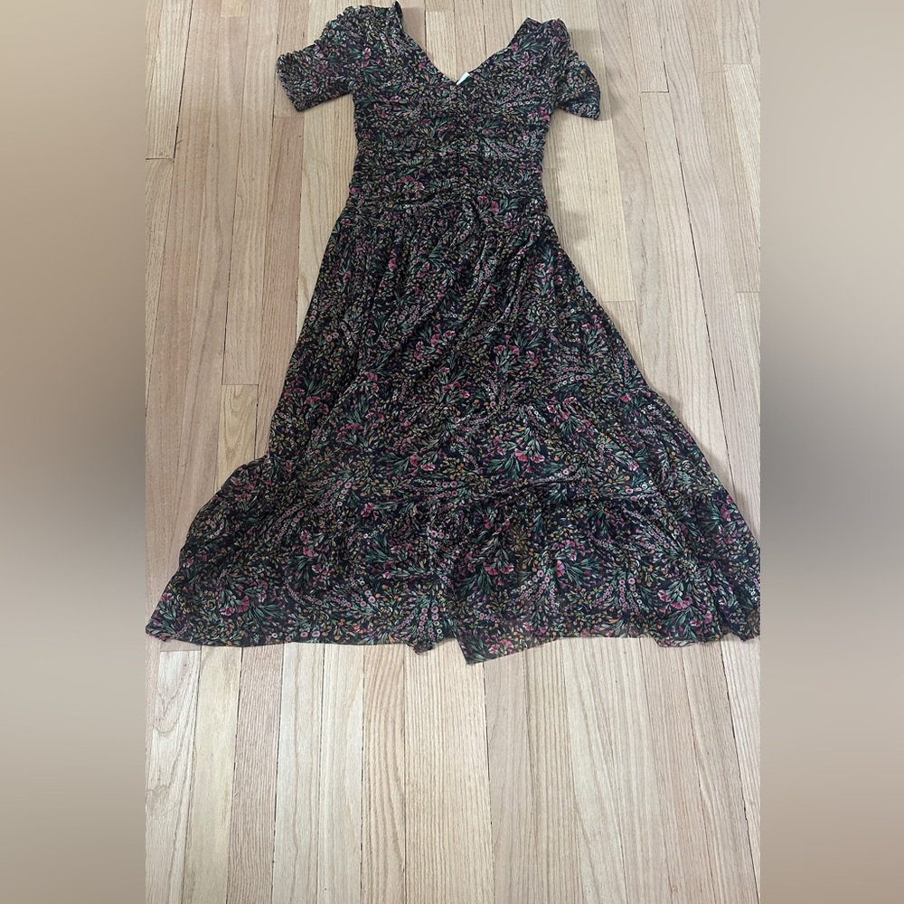 Misa Los Angeles Black Maxi Skirt Dress with Pink & Green Floral Print